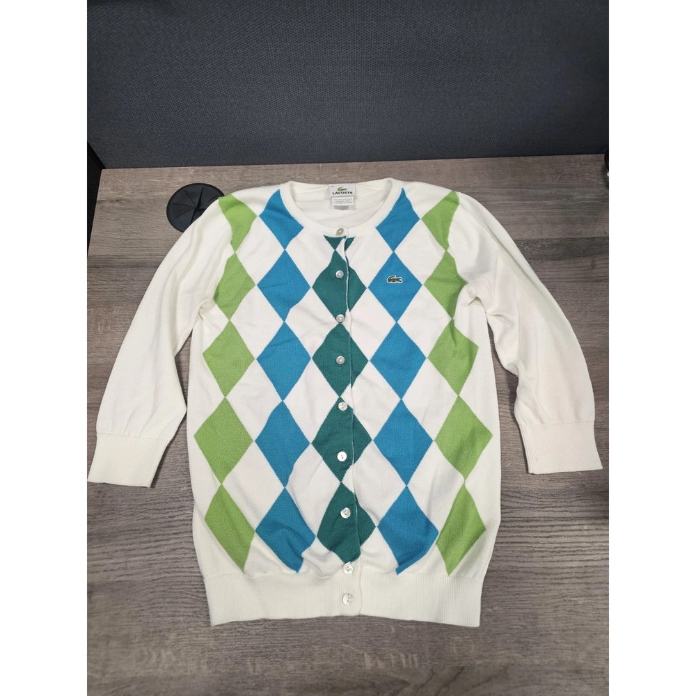 Lacoste Argyle Diamond Pattern Cardigan Modern Prep Women Size 40/M Button Up